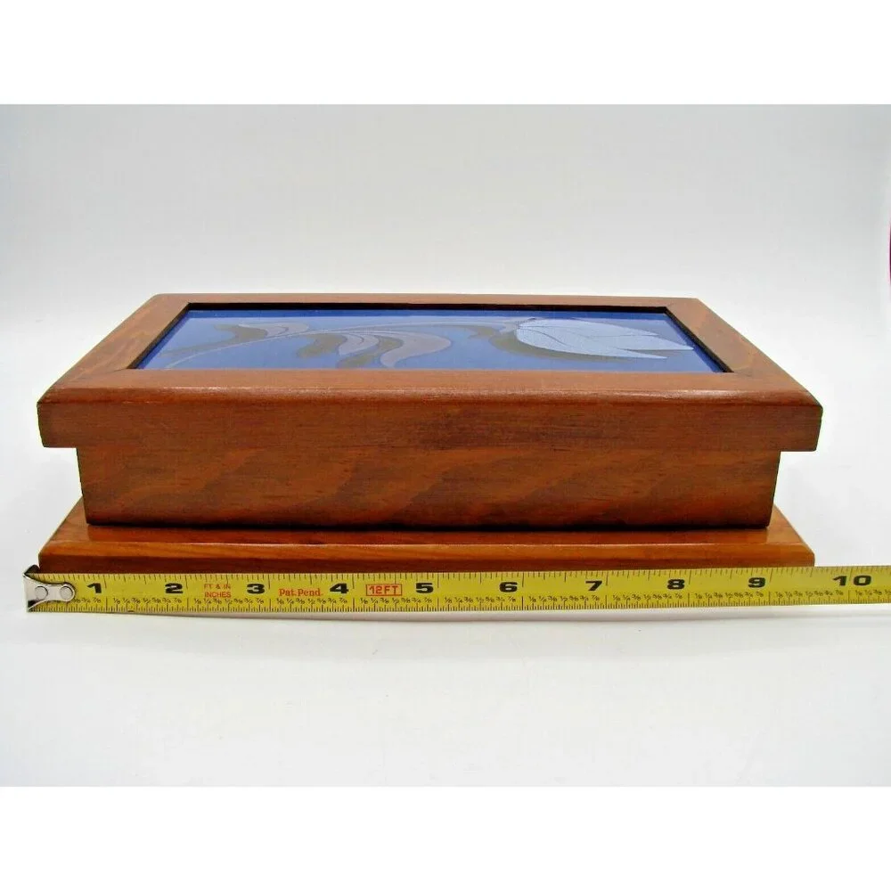 Wooden Jewelry Trinket Box Blue Flower Rose Design Enamel Inlay Hinged 9.5x5.5